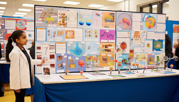student presenting at science fair display