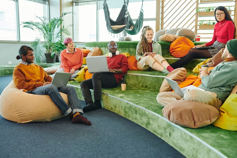 small group on stairs and bean bags