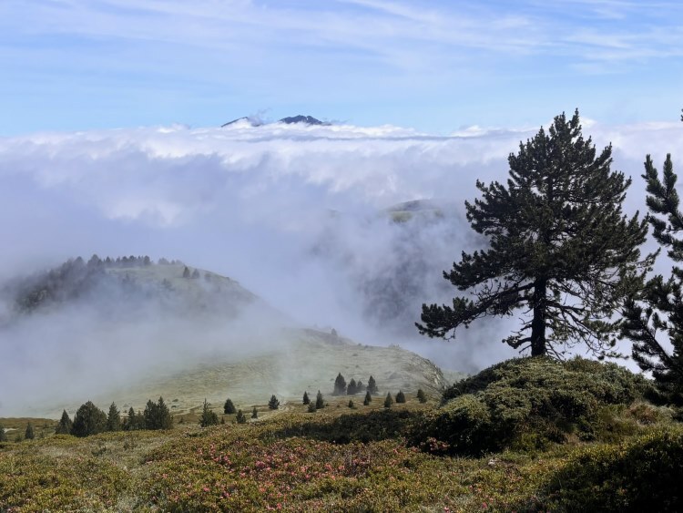 clouds hover over Pyrenees mountains
