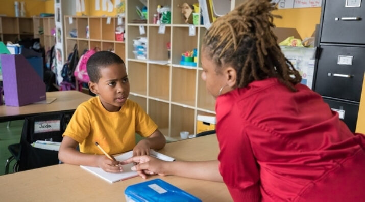 teacher with young student reading