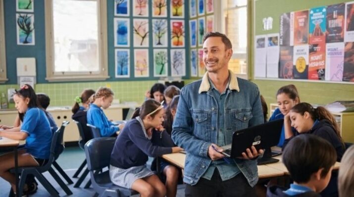 Teacher holding laptop in classroom