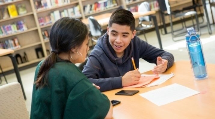 students collaborating on a writing assignment