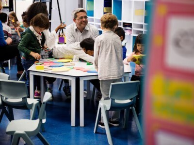elementary school work table in large room